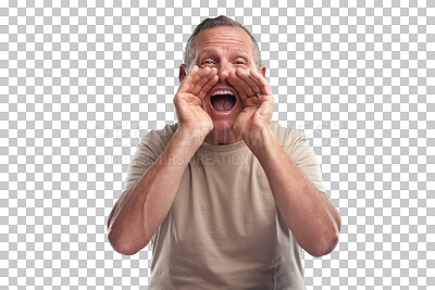 Buy stock photo Communication, portrait and mature man shouting for attention, announcement or loud expression. Voice, hello and senior male person screaming for noise isolated by a transparent png background.