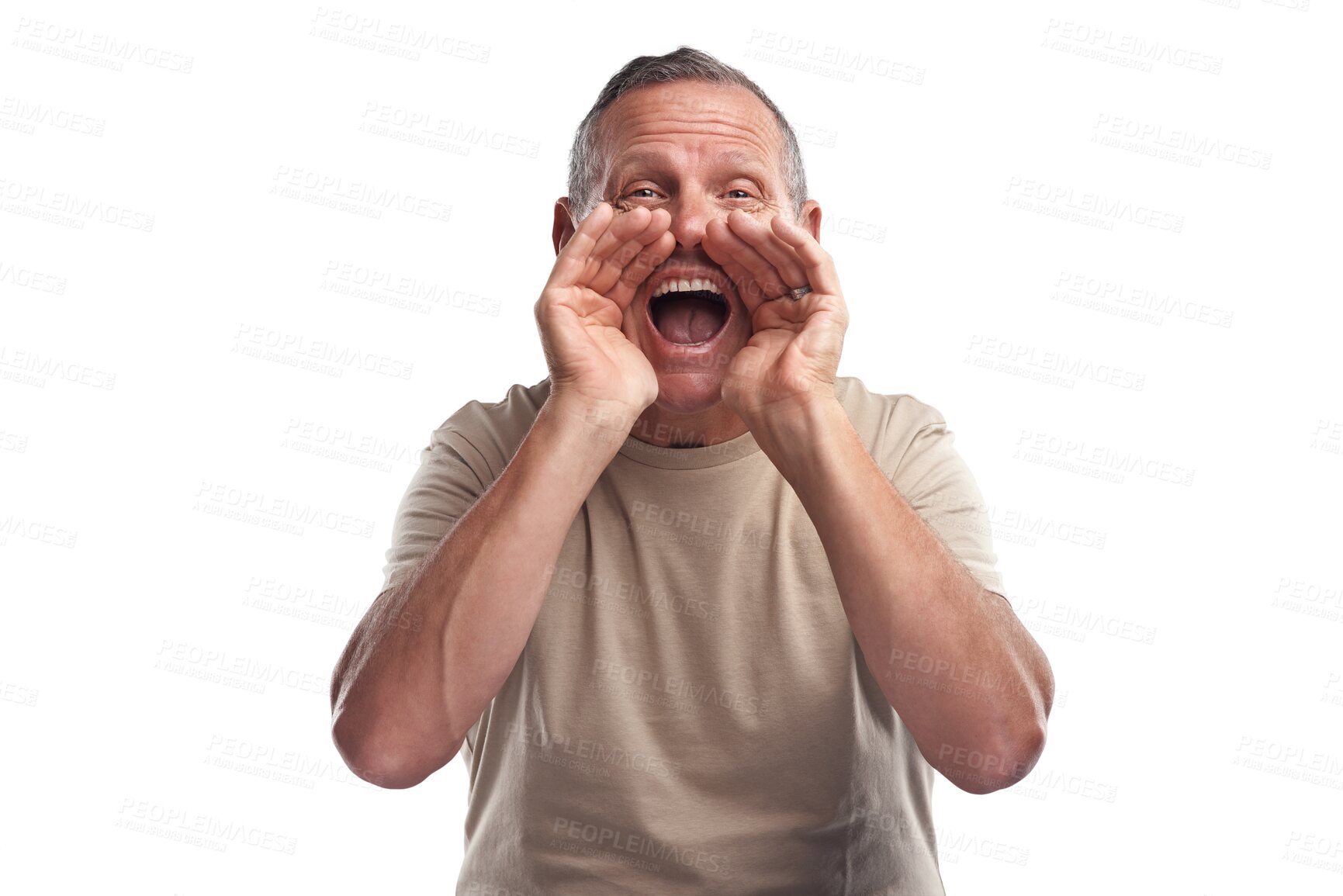 Buy stock photo Communication, portrait and mature man shouting for attention, announcement or loud expression. Voice, hello and senior male person screaming for noise isolated by a transparent png background.