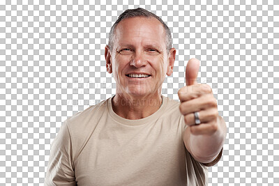 Buy stock photo Senior man, portrait smile and thumbs up for success, winning or good job isolated on a transparent PNG background. Happy, excited elderly or male person with thumb emoji, yes sign or like for win