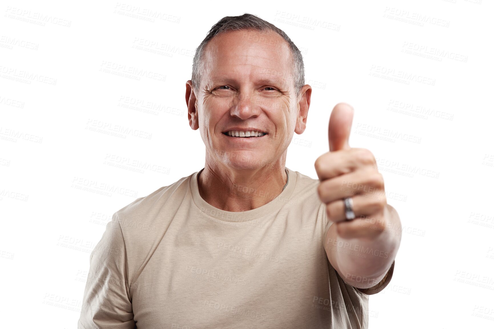 Buy stock photo Senior man, portrait smile and thumbs up for success, winning or good job isolated on a transparent PNG background. Happy, excited elderly or male person with thumb emoji, yes sign or like for win