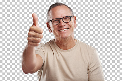 Buy stock photo Senior man, portrait and thumbs up for good job, winning or success isolated on a transparent PNG background. Happy, excited elderly or male person with smile in thumb emoji, yes sign or like for win