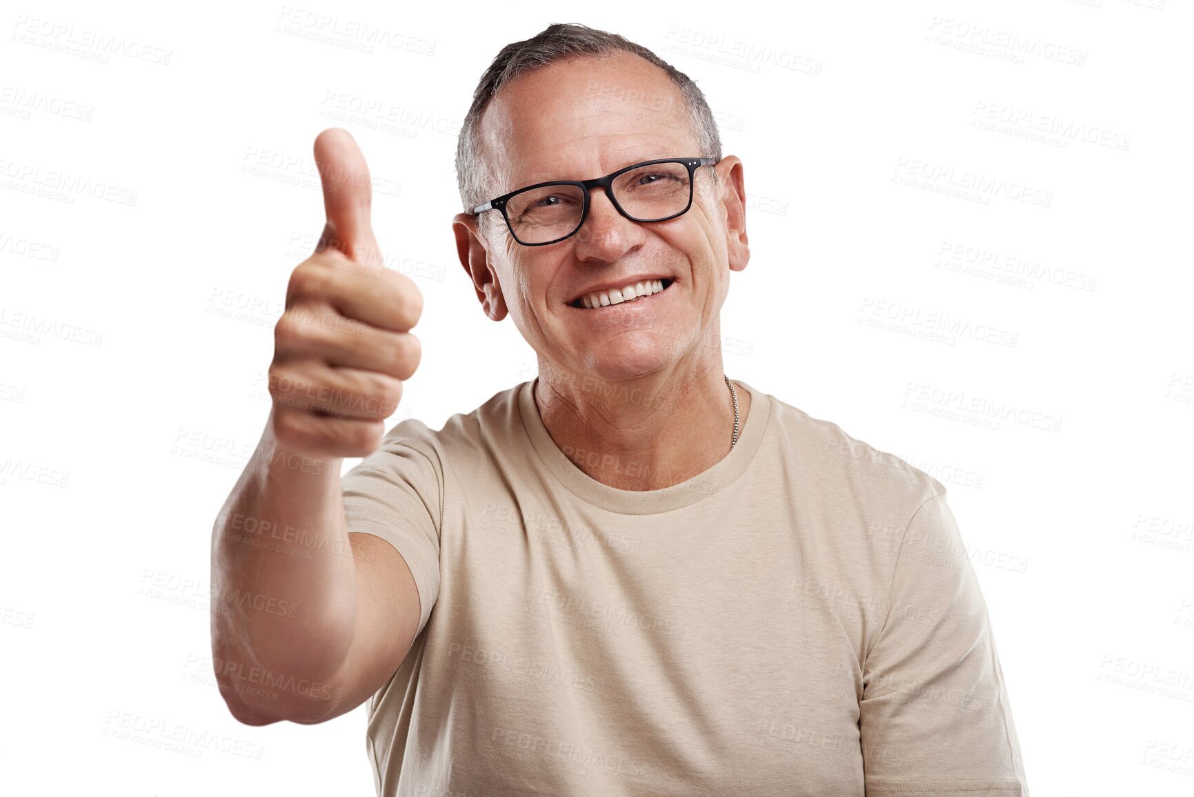 Buy stock photo Senior man, portrait and thumbs up for good job, winning or success isolated on a transparent PNG background. Happy, excited elderly or male person with smile in thumb emoji, yes sign or like for win