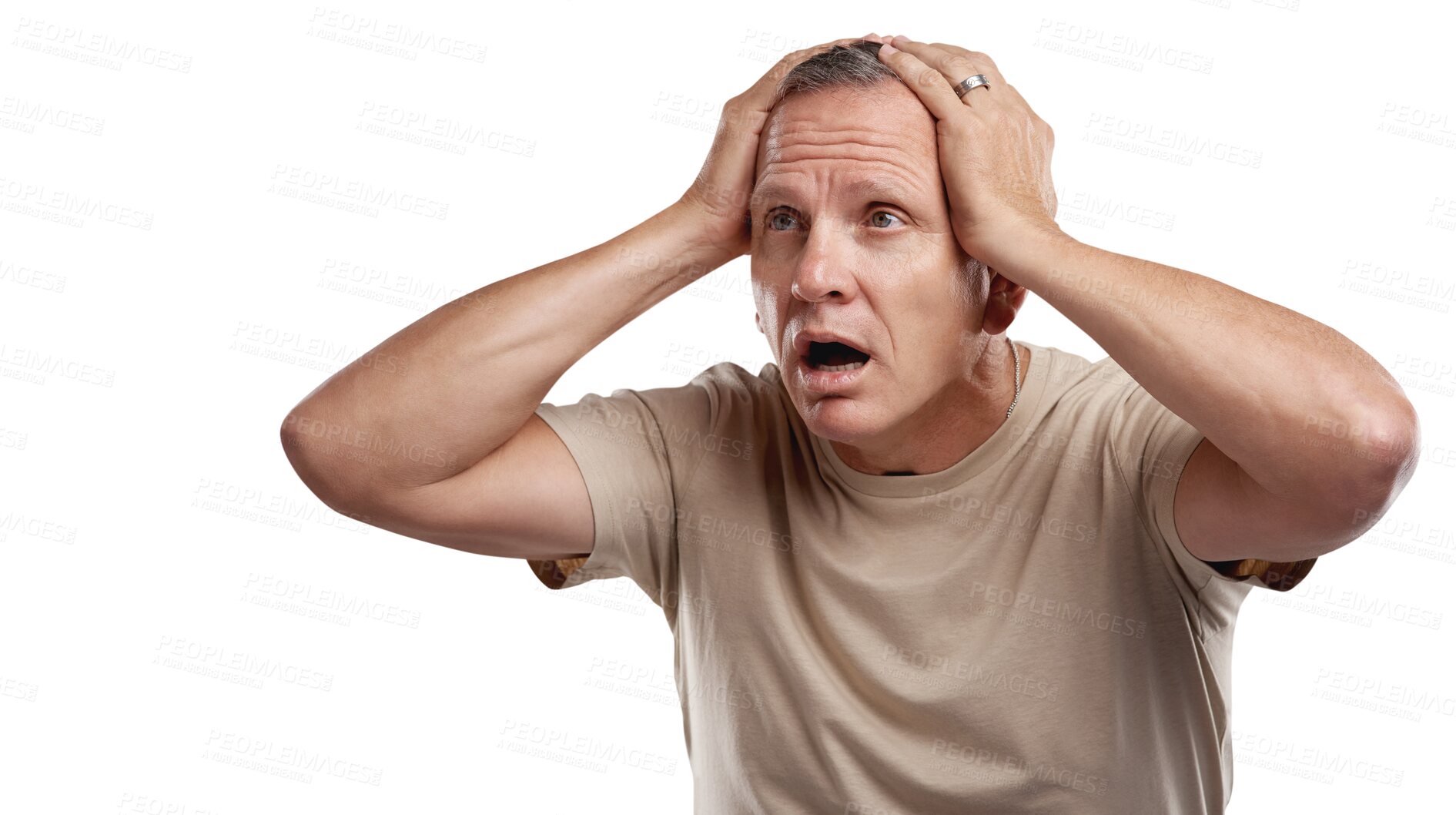 Buy stock photo Shock, fear and man with hands on head, surprised and confused isolated on transparent png background. Announcement, shocking news and surprise notification, frustrated senior model with shocked face