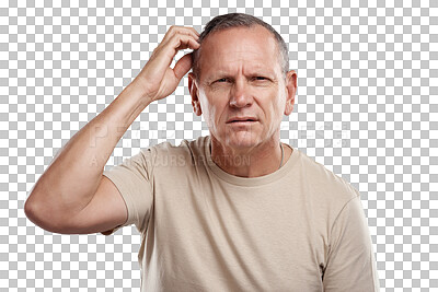 Buy stock photo Thinking, scratch head and portrait of man with doubt on isolated, png and transparent background. Confused, ideas and face of male person with unsure, uncertain and wondering expression for question