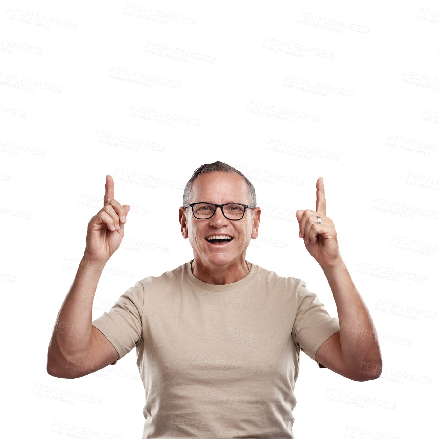 Buy stock photo Smile, offer and man in portrait pointing up at announcement or info isolated on transparent png background. Discount sale news, information and promo notification, happy senior model showing deal.