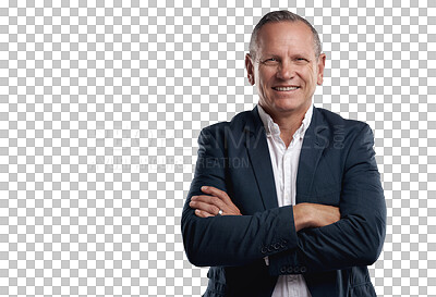 Buy stock photo Confidence, happy and portrait of a businessman with crossed arms for leadership or management. Smile, professional and mature male corporate ceo entrepreneur isolated by a transparent png background