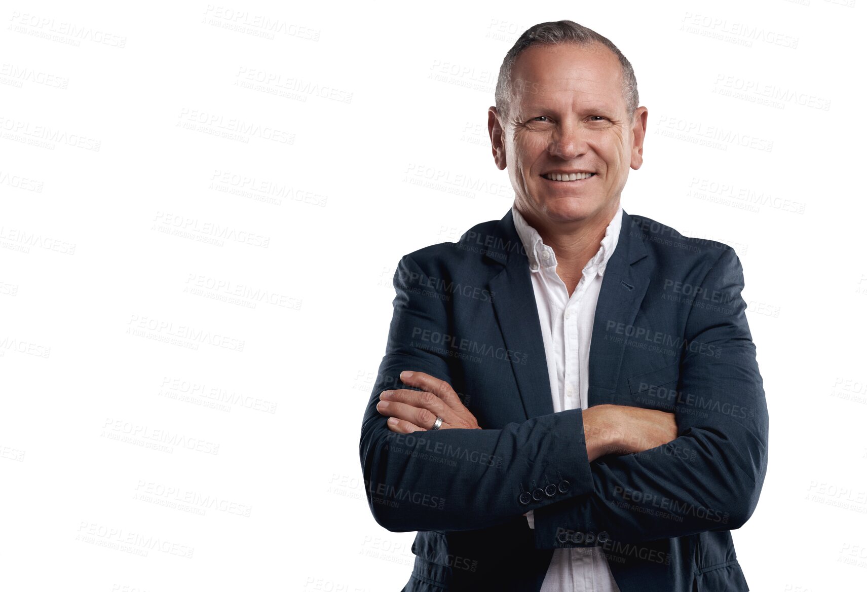 Buy stock photo Confidence, happy and portrait of a businessman with crossed arms for leadership or management. Smile, professional and mature male corporate ceo entrepreneur isolated by a transparent png background