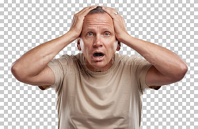 Buy stock photo Portrait of shocked man with hands on head, shock and isolated on transparent png background. Announcement, shocking news info and surprise notification, senior person with shock and confused face.