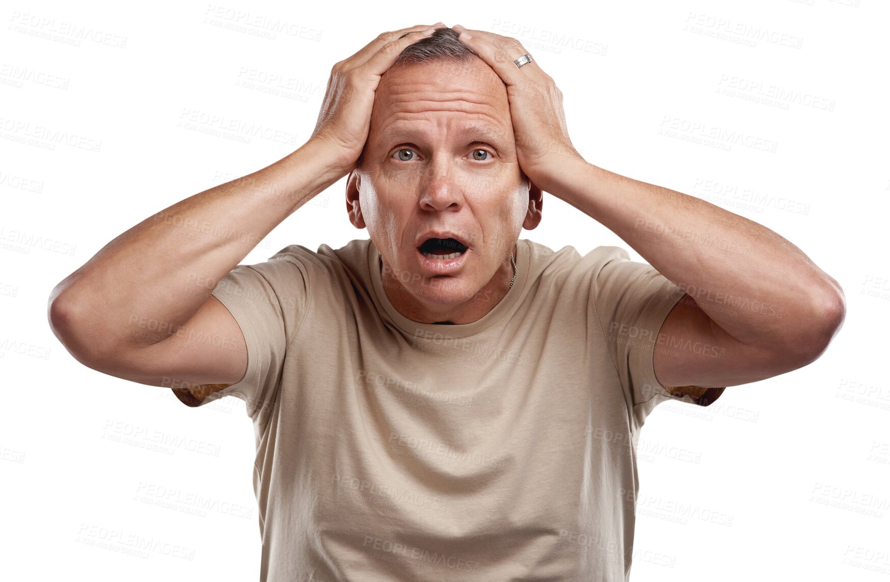 Buy stock photo Portrait of shocked man with hands on head, shock and isolated on transparent png background. Announcement, shocking news info and surprise notification, senior person with shock and confused face.