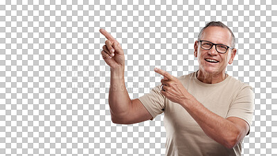 Buy stock photo Advertising, pointing and happy mature man showing a promotion, decision or marketing. Happiness, smile and elderly male person with a presenting hand gesture isolated by transparent png background.