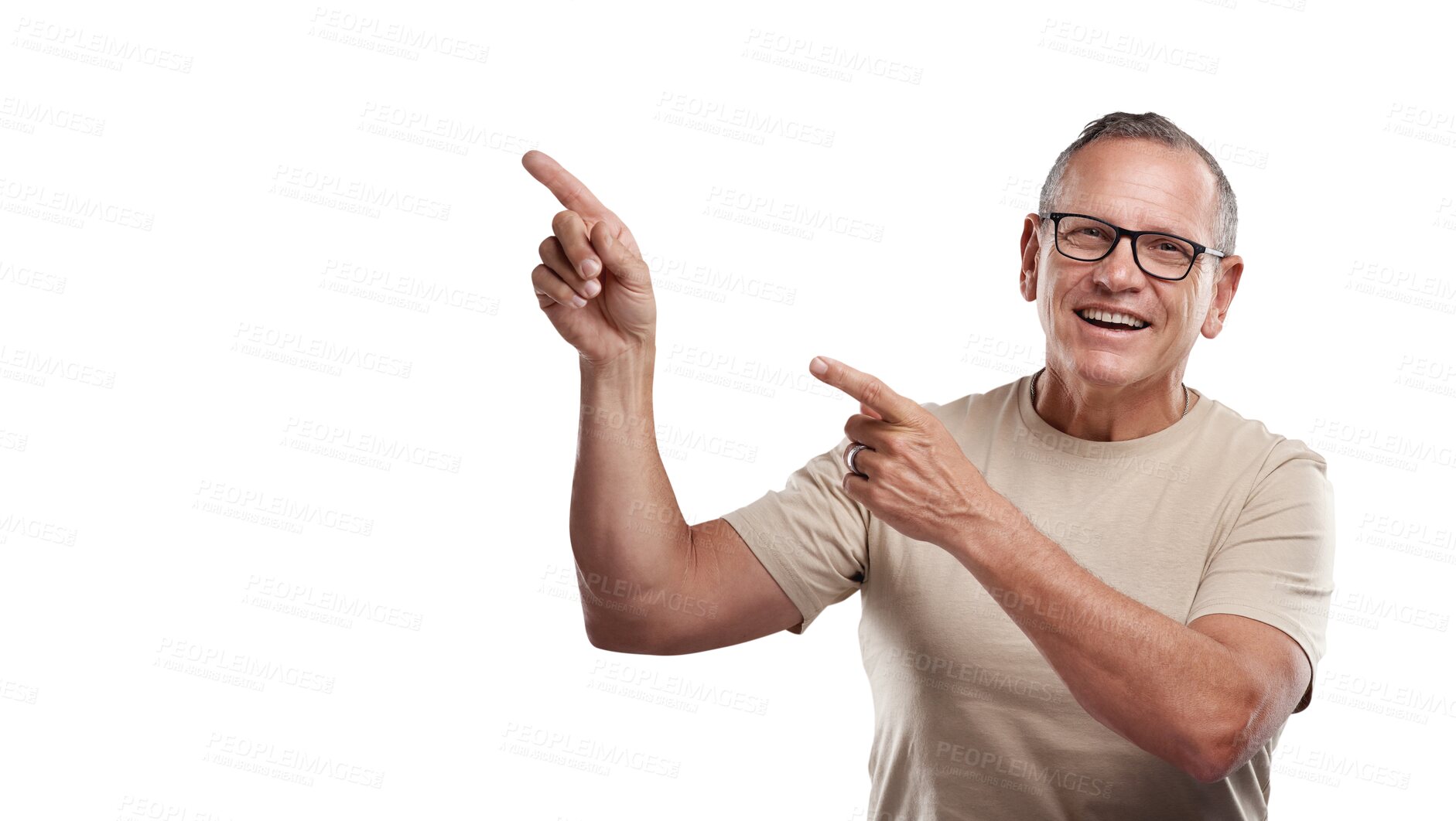 Buy stock photo Advertising, pointing and happy mature man showing a promotion, decision or marketing. Happiness, smile and elderly male person with a presenting hand gesture isolated by transparent png background.