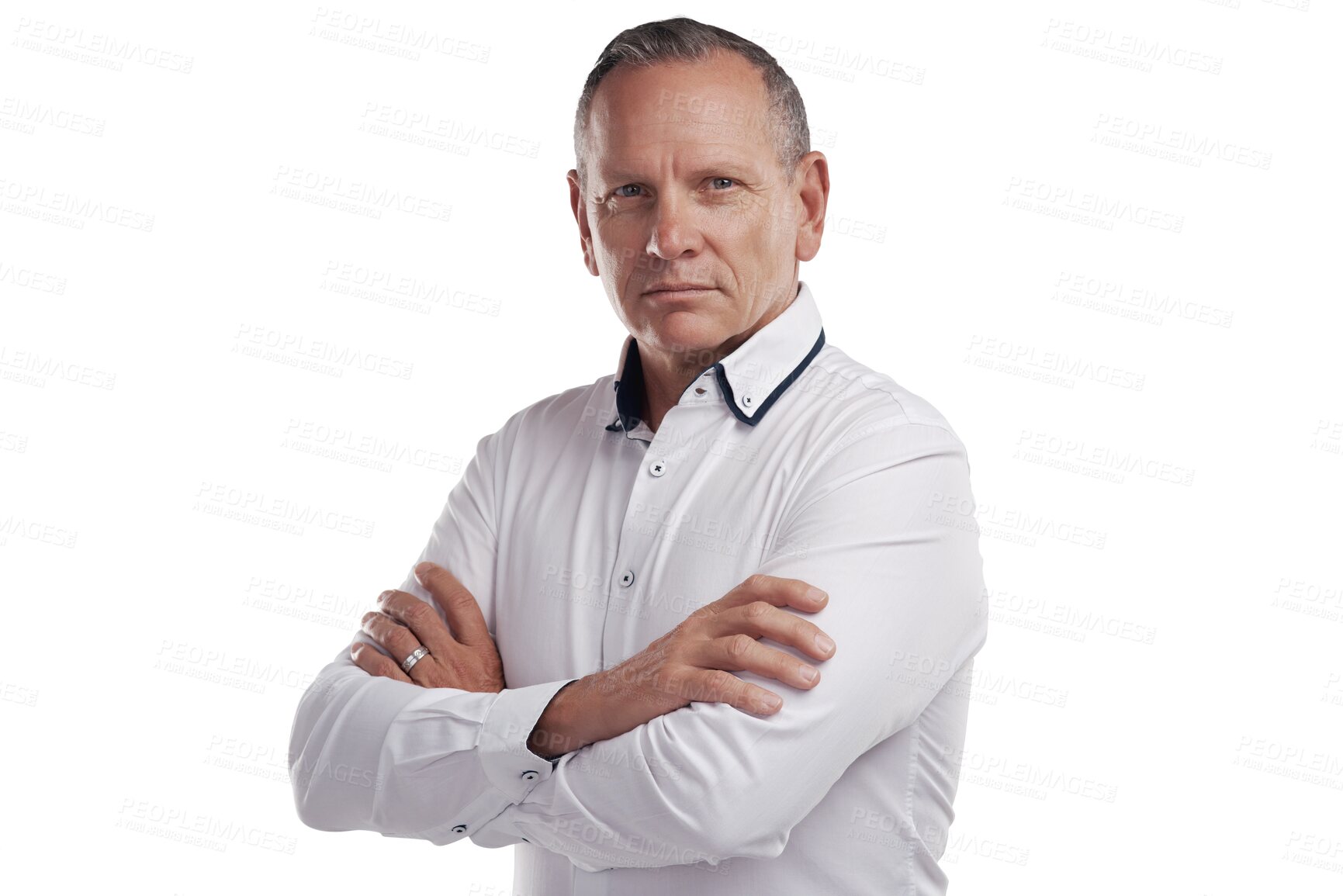 Buy stock photo Serious, crossed arms and portrait of a senior businessman with confidence for leadership and pride. Professional senior male corporate lawyer from Australia isolated by a transparent png background.