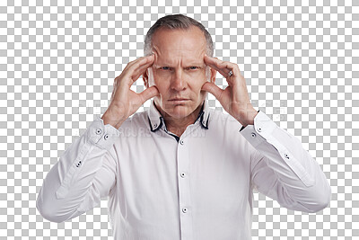 Buy stock photo Stress headache, portrait of businessman in pain and anxiety isolated on transparent png background. Frustrated, exhausted and tired senior man with debt, problem and mental health crisis in business