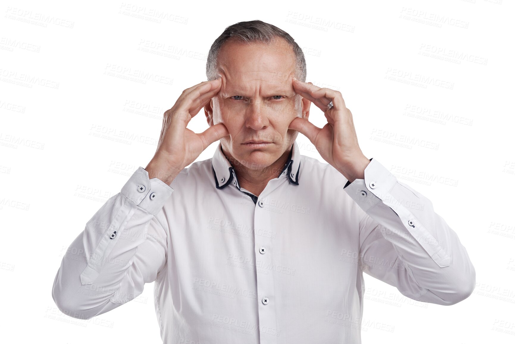 Buy stock photo Stress headache, portrait of businessman in pain and anxiety isolated on transparent png background. Frustrated, exhausted and tired senior man with debt, problem and mental health crisis in business