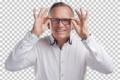 Buy stock photo Portrait, senior businessman with glasses and smile isolated on transparent png background for vision and eyesight. Looking, eye care and spectacles, mature man adjusting eyewear on face in happiness