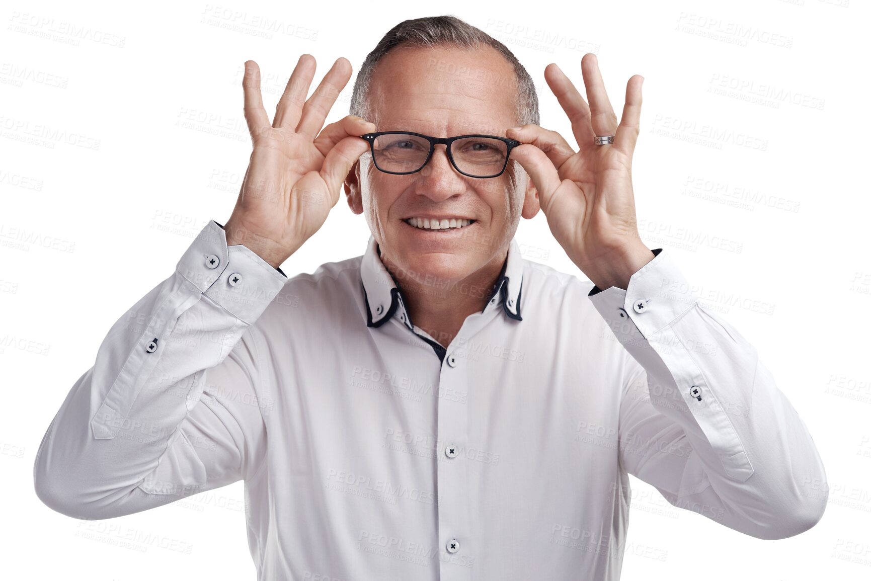 Buy stock photo Portrait, senior businessman with glasses and smile isolated on transparent png background for vision and eyesight. Looking, eye care and spectacles, mature man adjusting eyewear on face in happiness