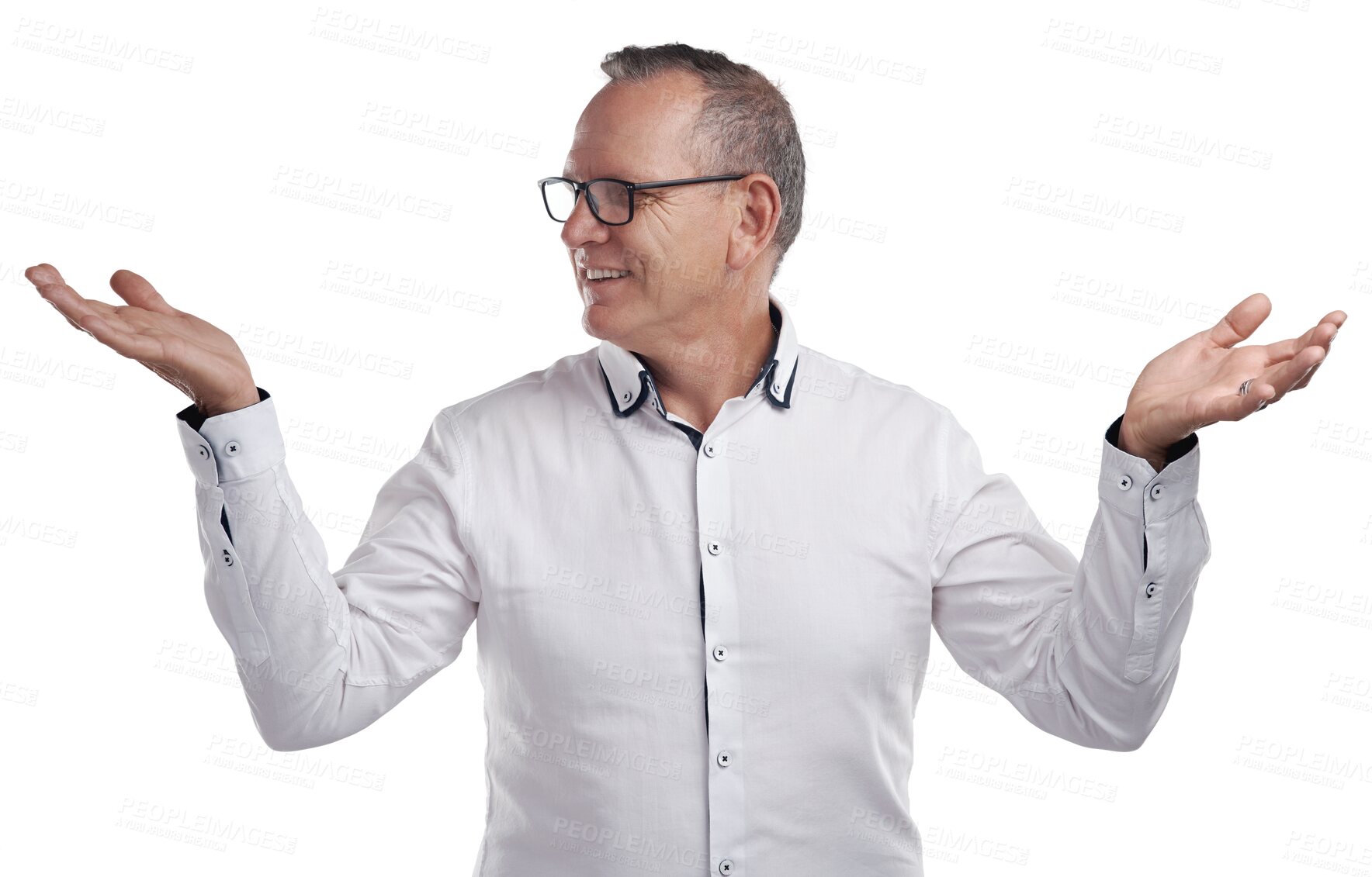 Buy stock photo Decision, hands and business man with choice on isolated, png and transparent background for option. Thinking, ideas and face of male person with unsure, uncertain and hand gesture for choosing