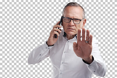 Buy stock photo Stop, hand and phone call by senior man portrait on isolated, transparent and png background. Wait, emoji and face of elderly male CEO busy with smartphone conversation, business and networking