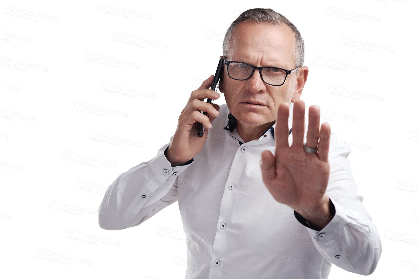 Buy stock photo Stop, hand and phone call by senior man portrait on isolated, transparent and png background. Wait, emoji and face of elderly male CEO busy with smartphone conversation, business and networking