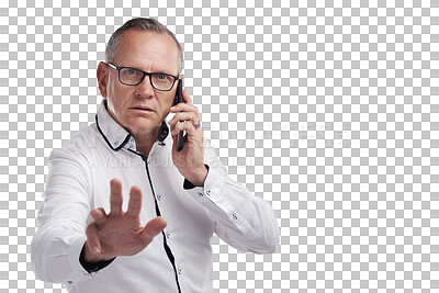 Buy stock photo Hand, stop and phone call by senior man portrait on isolated, transparent and png background. Wait, emoji and face of elderly male CEO busy with smartphone conversation, business and networking