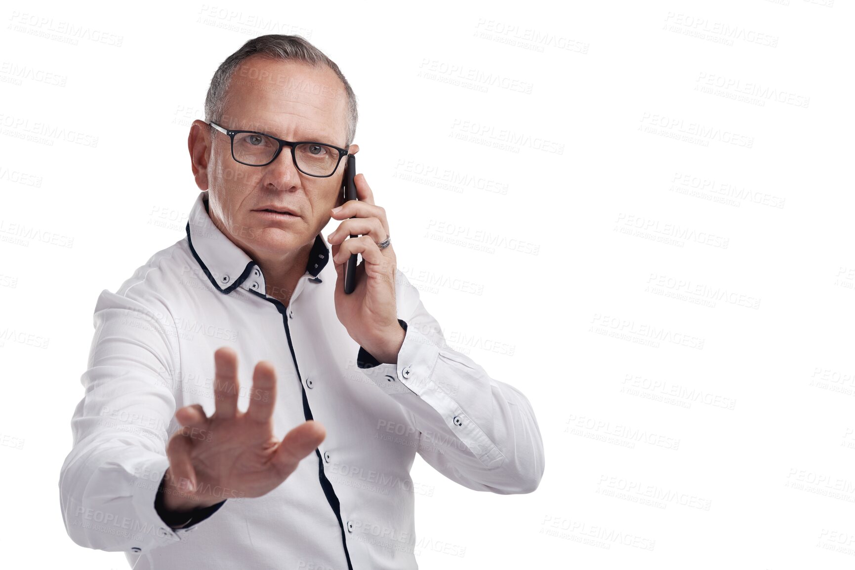 Buy stock photo Hand, stop and phone call by senior man portrait on isolated, transparent and png background. Wait, emoji and face of elderly male CEO busy with smartphone conversation, business and networking