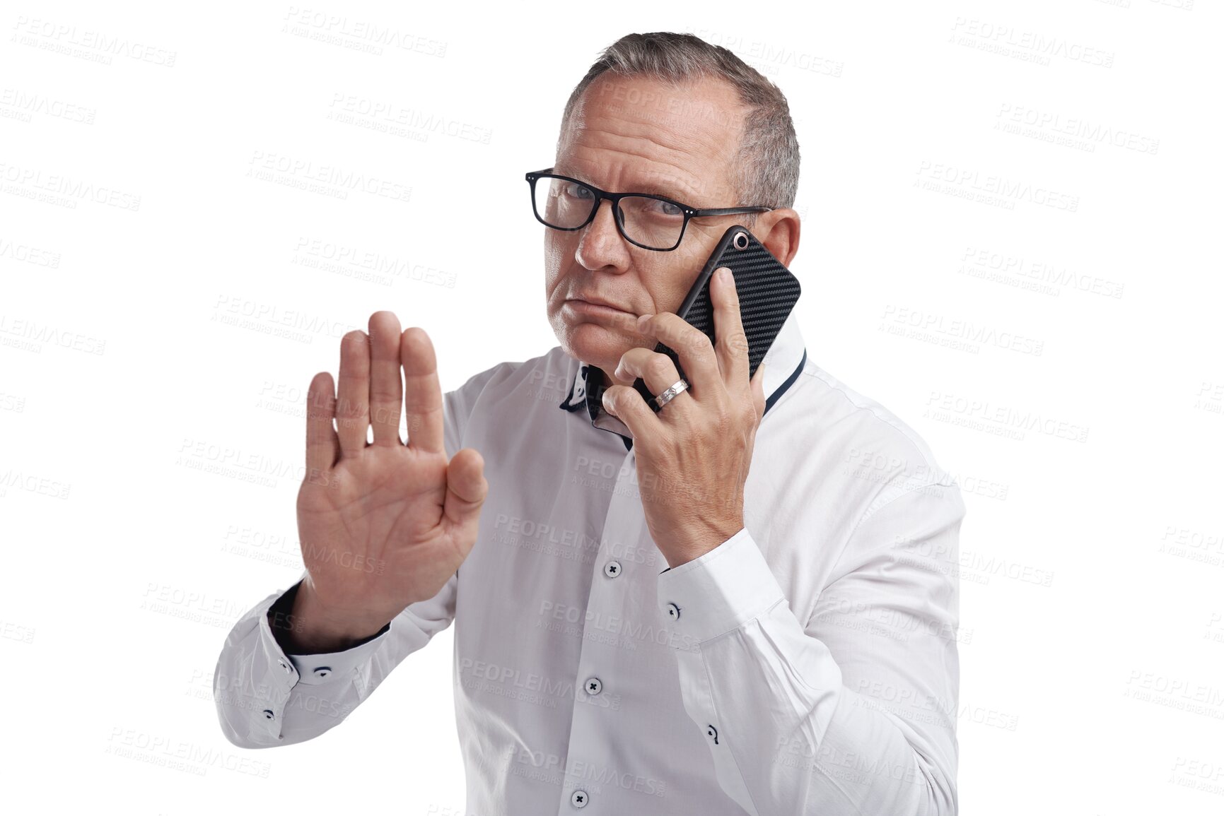 Buy stock photo Stop, hand and senior man portrait with phone call on isolated, transparent and png background. Wait, sign and face of elderly male CEO busy with smartphone conversation, business and networking