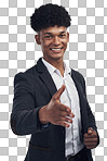 PNG Studio shot of a young businessman extending his arm for a handshake against a grey background