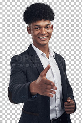 Buy stock photo Handshake, smile and portrait of business man with b2b welcome sign on isolated, transparent or png background. Shaking hands, offer and happy male person with thank you, emoji or hiring success 