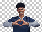 PNG of a male nurse forming a heart shape with his hands while standing against a grey backgroundisolated on a transparent PNG background