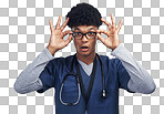 PNG  of a male nurse wearing glasses while standing against a grey background