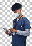 PNG of a male nurse holding a digital tablet while standing against a grey background