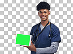 PNG of a male nurse holding up a digital tablet