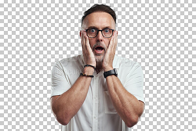 Buy stock photo Shock, mature man and gossip portrait with wow face from news, accident or secret. Male businessman, open mouth and glasses with omg and surprise isolated on a transparent, png background from work