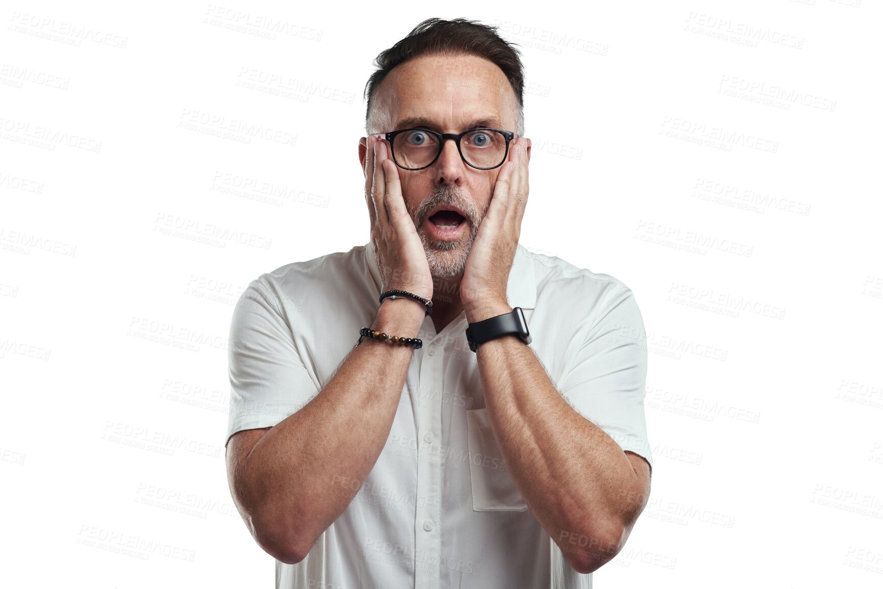 Buy stock photo Shock, mature man and gossip portrait with wow face from news, accident or secret. Male businessman, open mouth and glasses with omg and surprise isolated on a transparent, png background from work