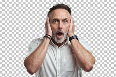 Buy stock photo isolated mature man, shocked and portrait with ears, hands and cover for wow by transparent png background. Guy, male person and surprise for news, gossip or information with stop hearing for secret