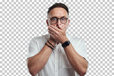 Buy stock photo Shock, mature man and mouth cover portrait with wow face from news, accident or secret. Male person, businessman and glasses with omg and surprise isolated on a transparent, png background from work