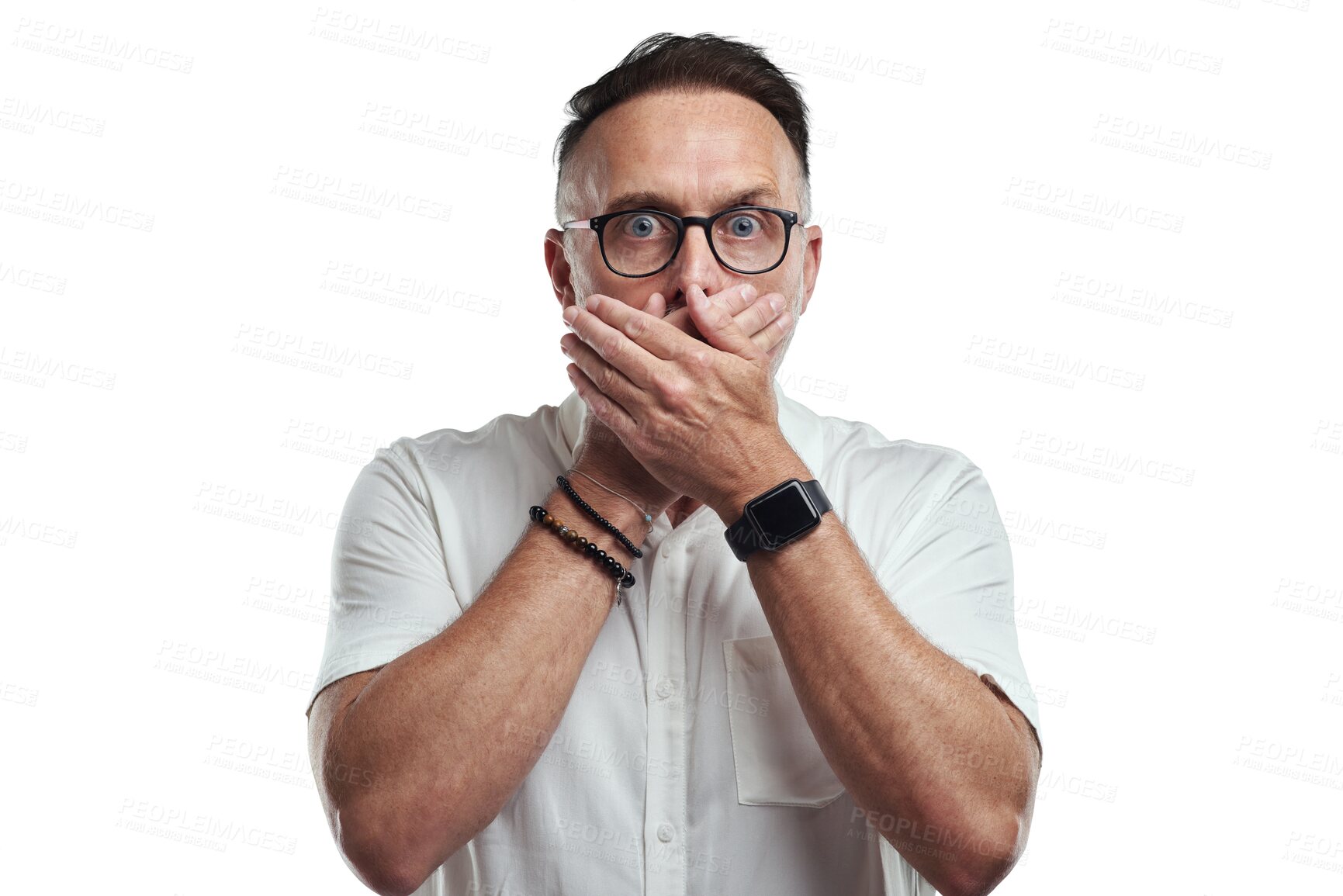 Buy stock photo Shock, mature man and mouth cover portrait with wow face from news, accident or secret. Male person, businessman and glasses with omg and surprise isolated on a transparent, png background from work