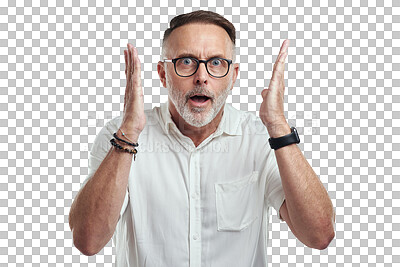 Buy stock photo Mature man, work shock and portrait with mistake, surprise and emoji face isolated on a transparent, png background. Male person, open mouth and wow from gossip of a businessman hearing secret news