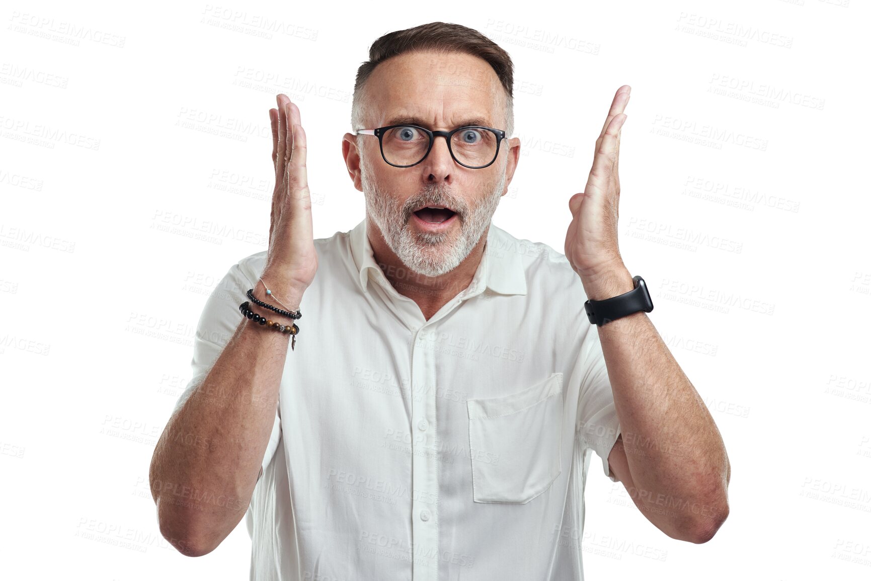 Buy stock photo Mature man, work shock and portrait with mistake, surprise and emoji face isolated on a transparent, png background. Male person, open mouth and wow from gossip of a businessman hearing secret news