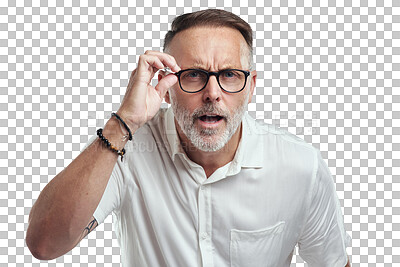 Buy stock photo Confused, portrait and senior man with glasses on isolated, transparent and png background. Question, face and elderly male with spectacles and why expression, emoji or puzzled with doubt or decision