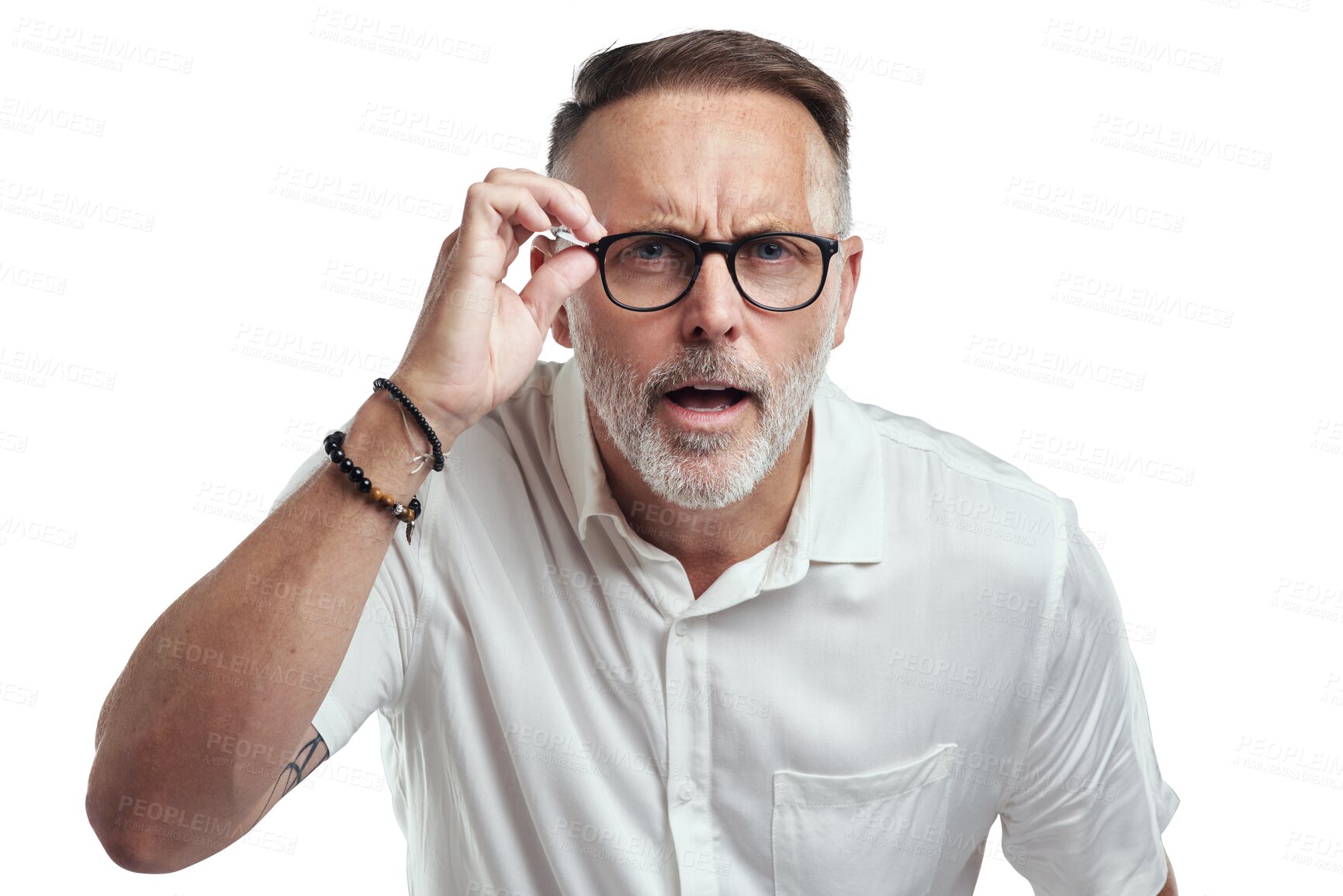 Buy stock photo Confused, portrait and senior man with glasses on isolated, transparent and png background. Question, face and elderly male with spectacles and why expression, emoji or puzzled with doubt or decision