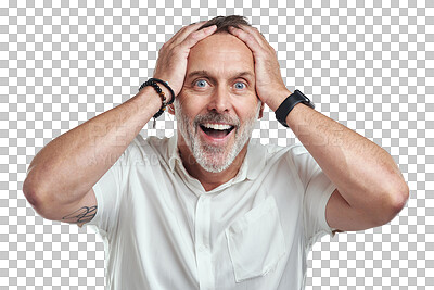 Buy stock photo Excited, portrait or mature man shocked by winning lottery isolated on transparent PNG background. Wow, face of winner or happy senior person with smile surprised by victory success, deal or reward 