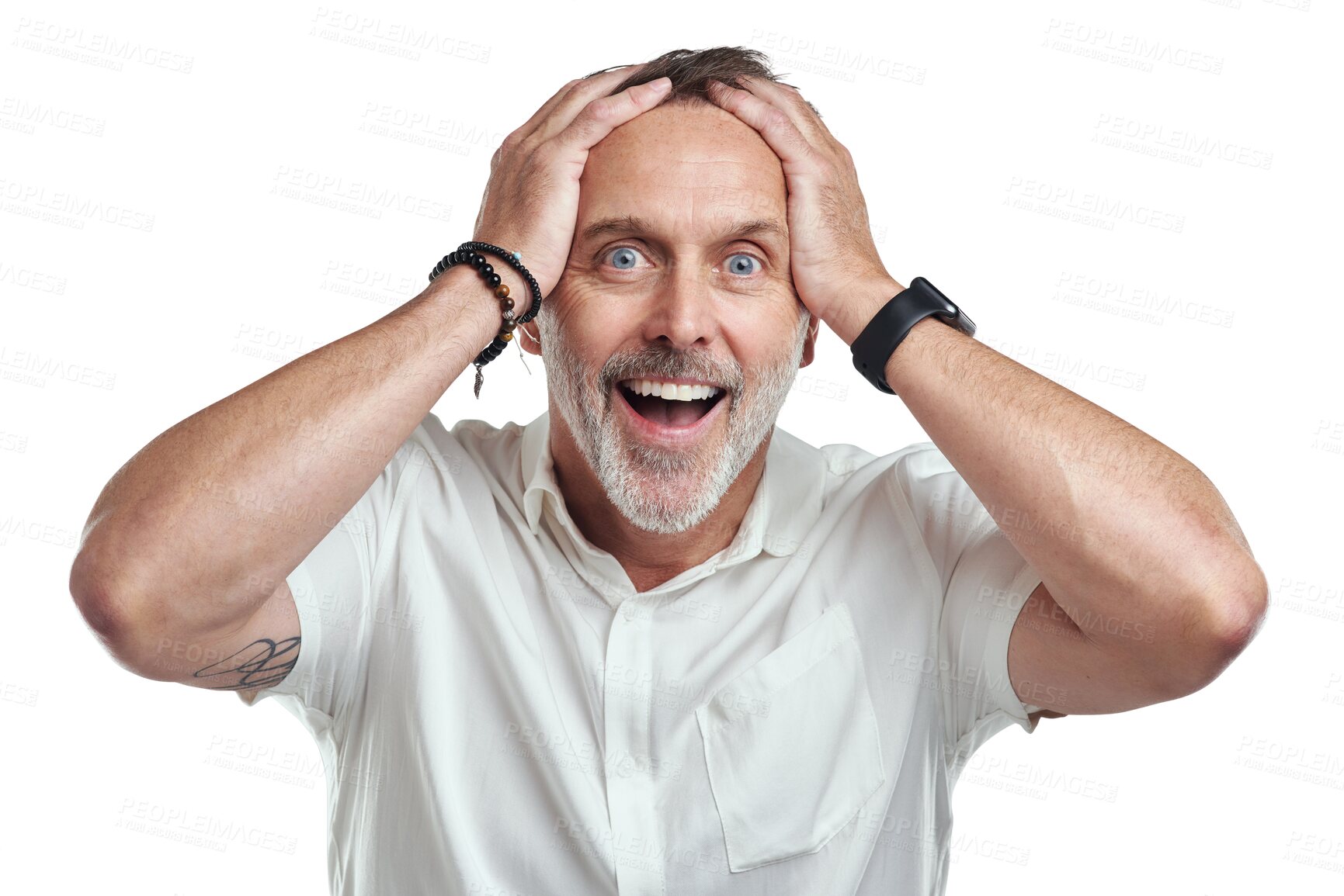 Buy stock photo Excited, portrait or mature man shocked by winning lottery isolated on transparent PNG background. Wow, face of winner or happy senior person with smile surprised by victory success, deal or reward 