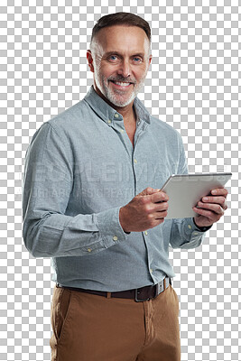 Buy stock photo Tablet, business portrait or happy man, senior professional or engineering expert smile for digital design schematic. Happiness, engineer job or elderly person isolated on transparent, png background