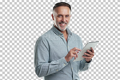 Buy stock photo Tablet, business portrait or happy man, senior manager or media analyst working on data review, insight or statistics. Smile, social network and elderly person isolated on transparent, png background