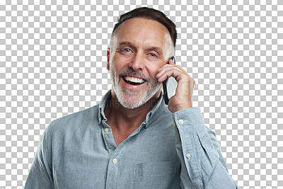 Buy stock photo Phone call, face portrait and senior happy man on cellphone communication, discussion or conversation. Contact us, smartphone user or elderly person networking isolated on transparent, png background