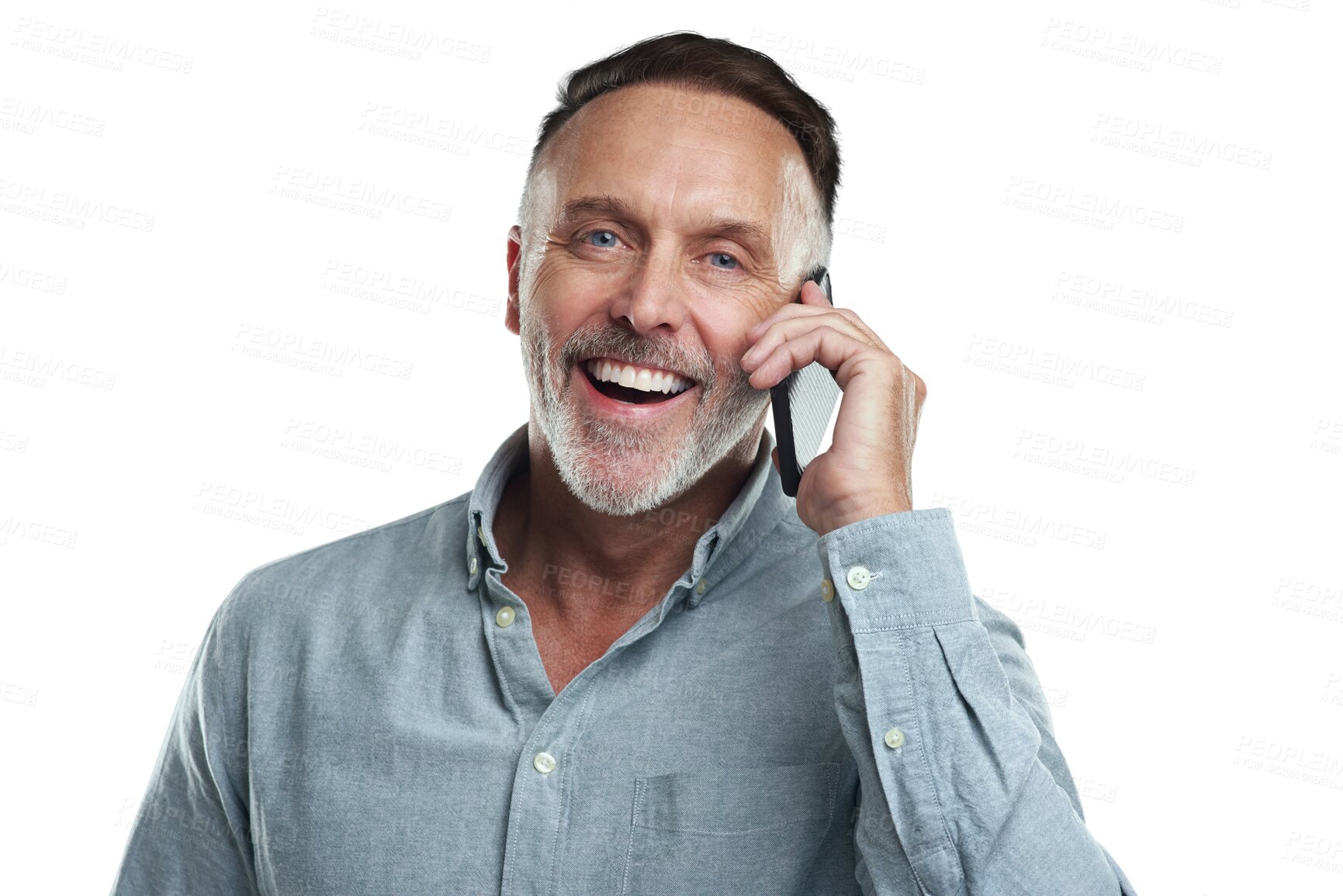 Buy stock photo Phone call, face portrait and senior happy man on cellphone communication, discussion or conversation. Contact us, smartphone user or elderly person networking isolated on transparent, png background