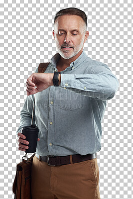 Buy stock photo Business, watch and senior man check time for morning schedule, appointment or corporate agenda. Smartwatch, commute and elderly person looking at wrist clock isolated on transparent, png background