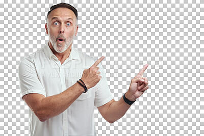 Buy stock photo Pointing, portrait or shocked mature man with announcement isolated on transparent png background. Senior, wow or surprised person showing deal offer information, news or logo marketing promotion