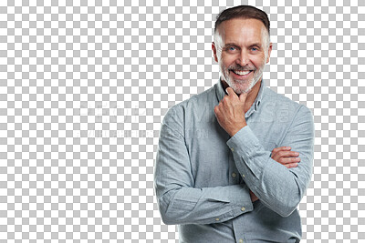 Buy stock photo Smile, boss and face of mature man with confidence, pride and isolated on transparent png background. Professional CEO, happy and confident businessman portrait or expert in business management